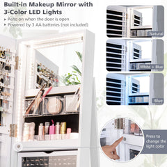 360° Rotating Mirrored Jewelry Cabinet Armoire 3 Color LED Modes Lockable-White