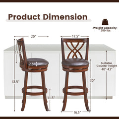 Set of 2 Swivel Bar Stools with Hollow Scroll Back and PU Leather Seat, 30 Inch Seat Height