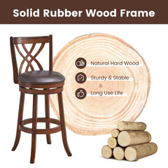 Set of 2 Swivel Bar Stools with Hollow Scroll Back and PU Leather Seat, 30 Inch Seat Height