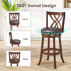 Set of 2 Swivel Bar Stools with Hollow Scroll Back and PU Leather Seat, 30 Inch Seat Height