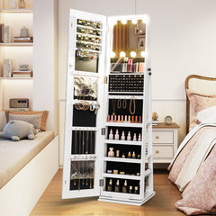 360° Swivel Freestanding Jewelry Cabinet with Lighted Full Length Mirror-White