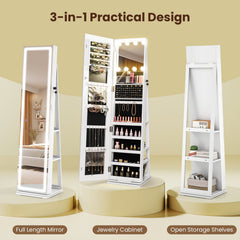 360° Swivel Freestanding Jewelry Cabinet with Lighted Full Length Mirror-White