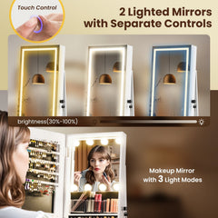 360° Swivel Freestanding Jewelry Cabinet with Lighted Full Length Mirror-White