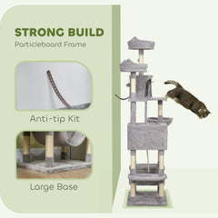 81" Large Cat Tree w/ Scratching Posts, Condos, Beds, Hammocks, Jumping Platforms, Toy Balls, Rope Cat Toy, Beige