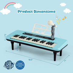 37 Keys Kids Piano Keyboard Portable Musical Toy with Microphone and Music Stand-Blue