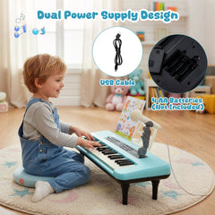 37 Keys Kids Piano Keyboard Portable Musical Toy with Microphone and Music Stand-Blue