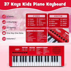 37 Keys Kids Piano Keyboard with 8 Rhythms and Microphone-Red