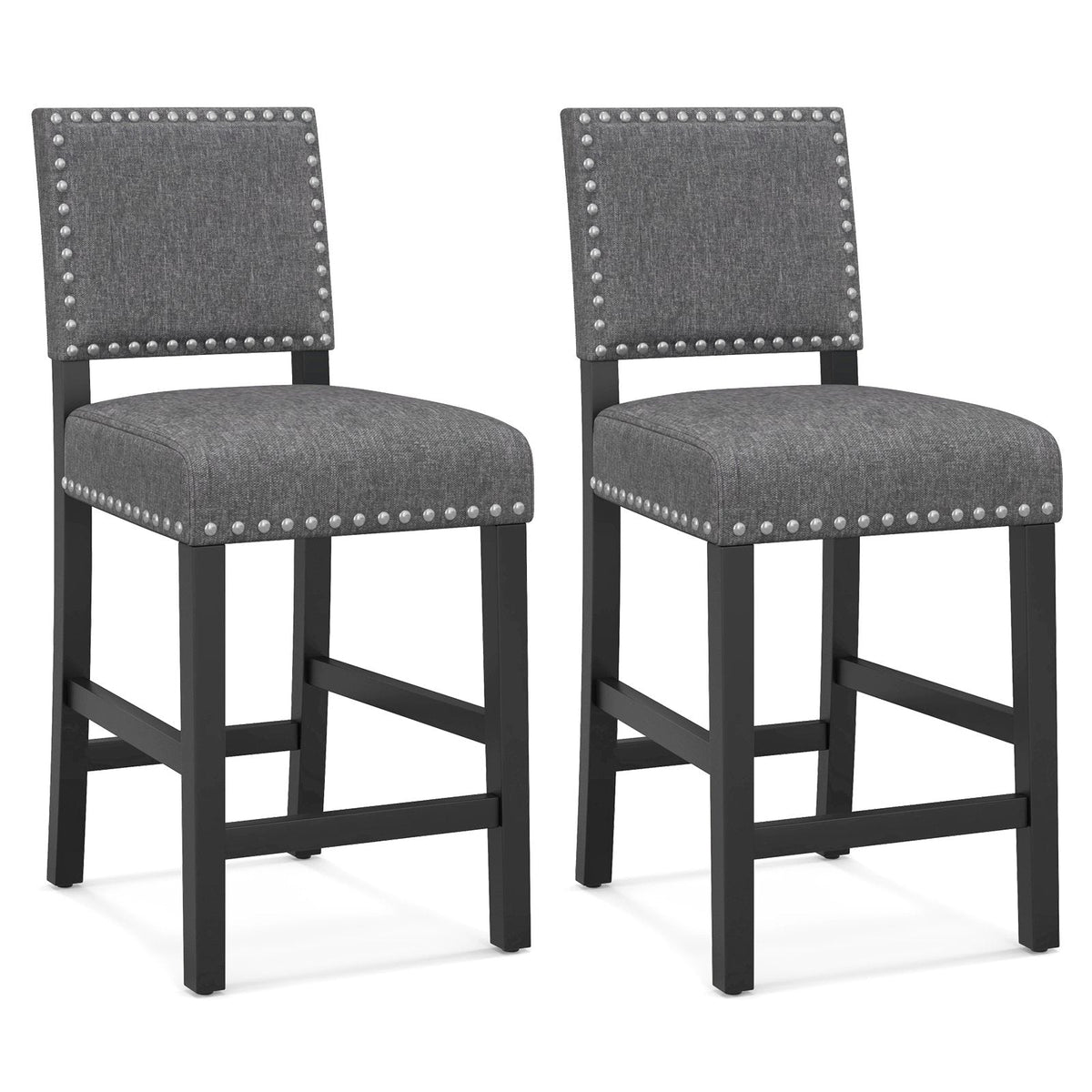 Set of 2 Counter Height Chairs, 25.5 Inch Seat, Grey Linen with Nailhead Trim, Spring Seats and Rubber Wood Legs