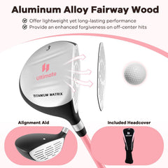 38 Inch 165CC Junior #3 Fairway Wood Golf Club with Fiberglass Shaft for Kids Ages 11-14-Pink