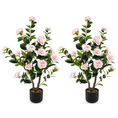 38 Inch Artificial Camellia Tree Faux Flower Plant in Cement Pot 2 Pack-Pink