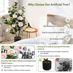 38 Inch Artificial Camellia Tree Faux Flower Plant in Cement Pot 2 Pack-Pink