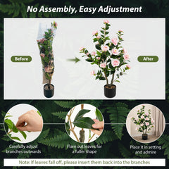 38 Inch Artificial Camellia Tree Faux Flower Plant in Cement Pot 2 Pack-Pink