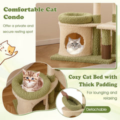 38 Inch Kitten Tower with Condo, Hammock, Removable Bed Cushion and Self Groomer, Green