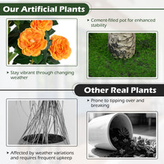 39.5 inches Artificial Camellia Tree with Orange Blossoms in Cement Pot for Home Decoration-Orange