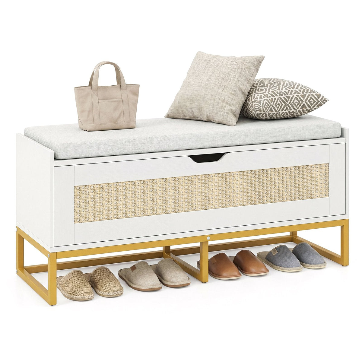 39.5 inches Rattan Storage Chest Wicker Shoe Bench with Padded Seat Flip-Top-White