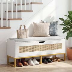 39.5 inches Rattan Storage Chest Wicker Shoe Bench with Padded Seat Flip-Top-White