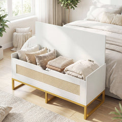 39.5 inches Rattan Storage Chest Wicker Shoe Bench with Padded Seat Flip-Top-White