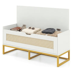 39.5 inches Rattan Storage Chest Wicker Shoe Bench with Padded Seat Flip-Top-White
