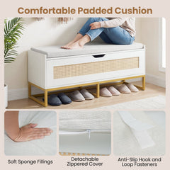 39.5 inches Rattan Storage Chest Wicker Shoe Bench with Padded Seat Flip-Top-White