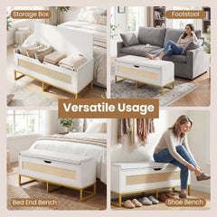 39.5 inches Rattan Storage Chest Wicker Shoe Bench with Padded Seat Flip-Top-White
