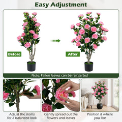 39.5 inches Artificial Camellia Tree with Orange Blossoms in Cement Pot for Home Decoration-Pink