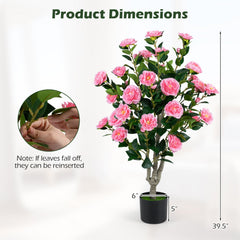 39.5 inches Artificial Camellia Tree with Orange Blossoms in Cement Pot for Home Decoration-Pink