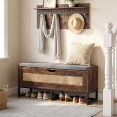 39.5 inches Rattan Storage Chest Wicker Shoe Bench with Padded Seat Flip-Top-Rustic Brown