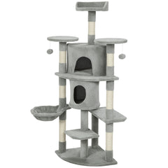 62" Cat Tree with Scratching Post, 2 Condos, Hammock, Perches, Plush, Pompoms, for Indoor Cats, Beige