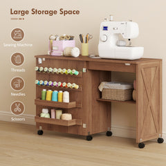Sewing Machine Table on Wheels, Folding Craft Table with 2 Bins, Storage Shelf, 18 Pegs, Lockable Wheels, Brown