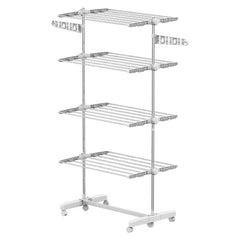 Garment Drying Rack Stainless Steel Folding Clothes Hanging Rack with Side Wings Castors for Indoor Outdoor White