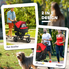 3 Wheel Folding Dog Stroller, Travel Carrier with Adjustable Canopy, Storage Brake, Mesh Window for S&M Dogs, Red