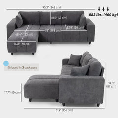 Sectional Couch with Integrated Seat, 3 Seater L-Shaped Sofa with Changeable Chaise, Spring Cushion, 2 Pillows, Beige