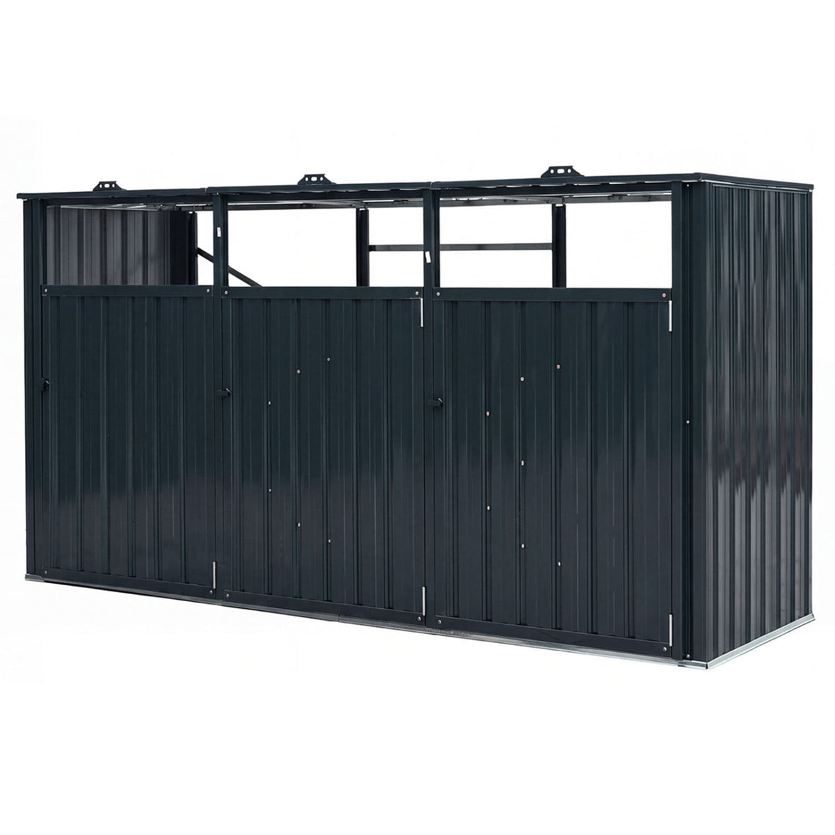 3-Bin Metal Trash Can Storage Shed with Flip-Up Lids for Yard-Dark Gray