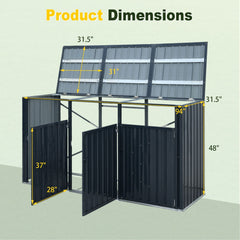 3-Bin Metal Trash Can Storage Shed with Flip-Up Lids for Yard-Dark Gray