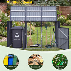 3-Bin Metal Trash Can Storage Shed with Flip-Up Lids for Yard-Dark Gray