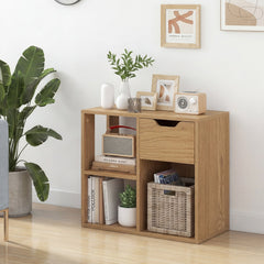 3-Cube Bookcase 2-tier Wooden Storage Shelf with Pull-out Drawer-Natural