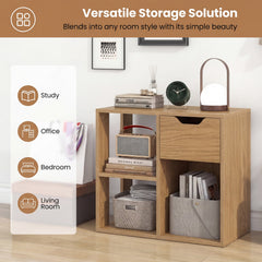 3-Cube Bookcase 2-tier Wooden Storage Shelf with Pull-out Drawer-Natural