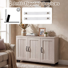3-Door Buffet Sideboard with Adjustable Shelves and Anti-Tipping Kits-White Wash