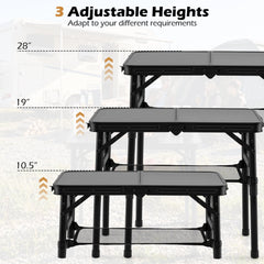3-Height Folding Camping Table with Large Storage Net & Handle-Black