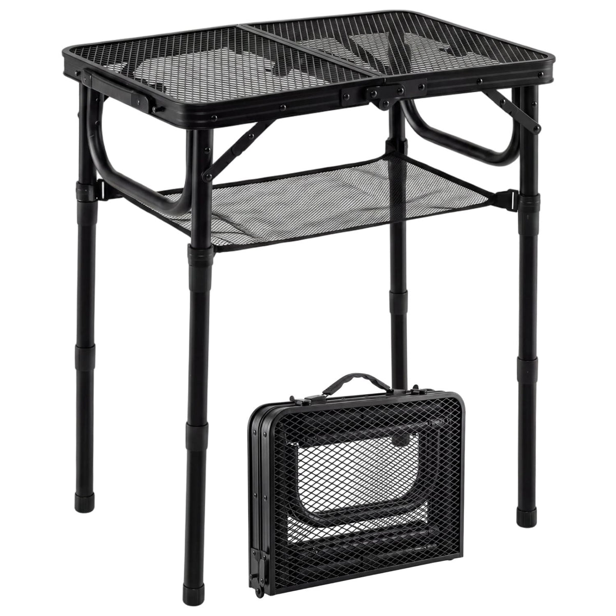 3-Height Folding Picnic Table with Large Storage Net and Handle-Black