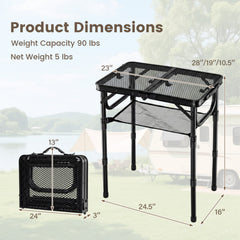 3-Height Folding Picnic Table with Large Storage Net and Handle-Black