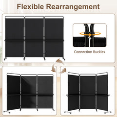 3-Panel Room Divider with Shelves 6 FT Tall Folding Privacy Screen with Lockable Wheels-Black