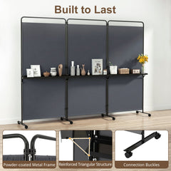 3-Panel Room Divider with Shelves 6 FT Tall Folding Privacy Screen with Lockable Wheels-Gray