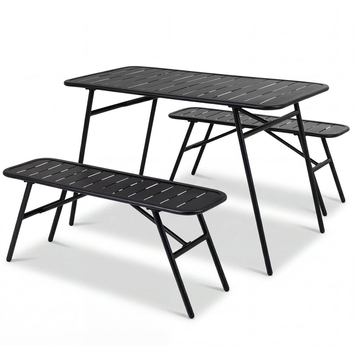 3 Piece All Metal Outdoor Dining Set, 47.5 Inch Slatted Powder Coated Table and 2 Benches, Black