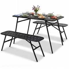 3 Piece All Metal Outdoor Dining Set, 47.5 Inch Slatted Powder Coated Table and 2 Benches, Black