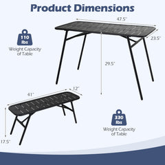 3 Piece All Metal Outdoor Dining Set, 47.5 Inch Slatted Powder Coated Table and 2 Benches, Black