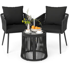 3 Piece Patio Bistro Set, 2 Black Round Rattan Armchairs Rated 400 lb with Black Cushions and a Woven Drum Side Table with Glass Top