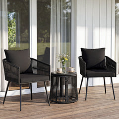 3 Piece Patio Bistro Set, 2 Black Round Rattan Armchairs Rated 400 lb with Black Cushions and a Woven Drum Side Table with Glass Top