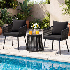 3 Piece Patio Bistro Set, 2 Black Round Rattan Armchairs Rated 400 lb with Black Cushions and a Woven Drum Side Table with Glass Top