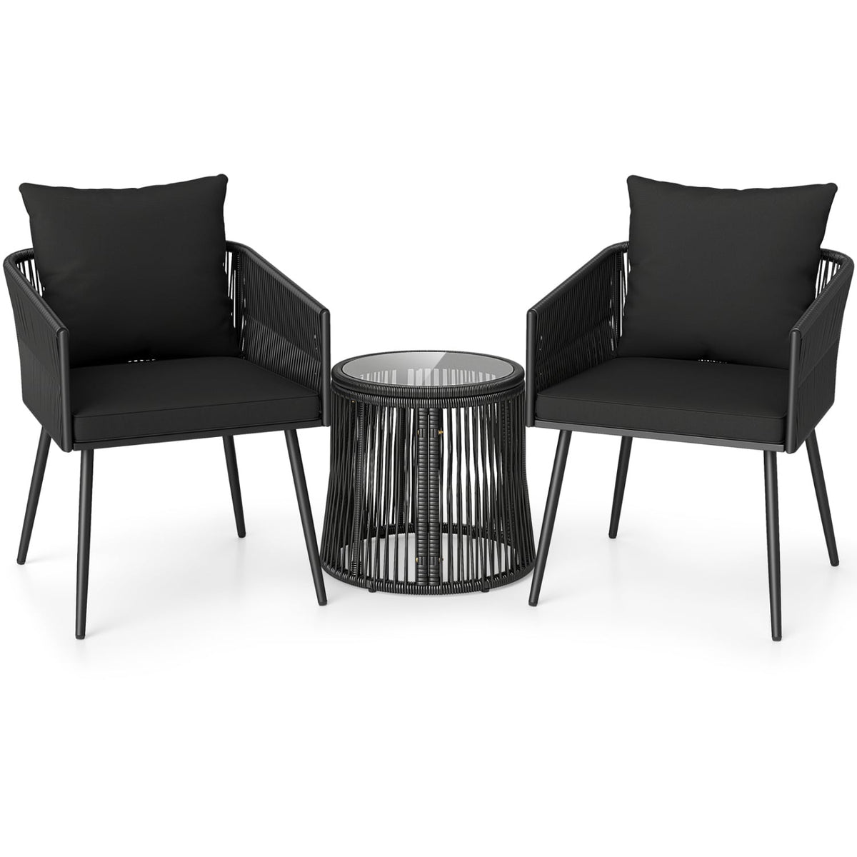3 Piece Patio Bistro Set, 2 Black Round Rattan Armchairs Rated 400 lb with Black Cushions and a Woven Drum Side Table with Glass Top